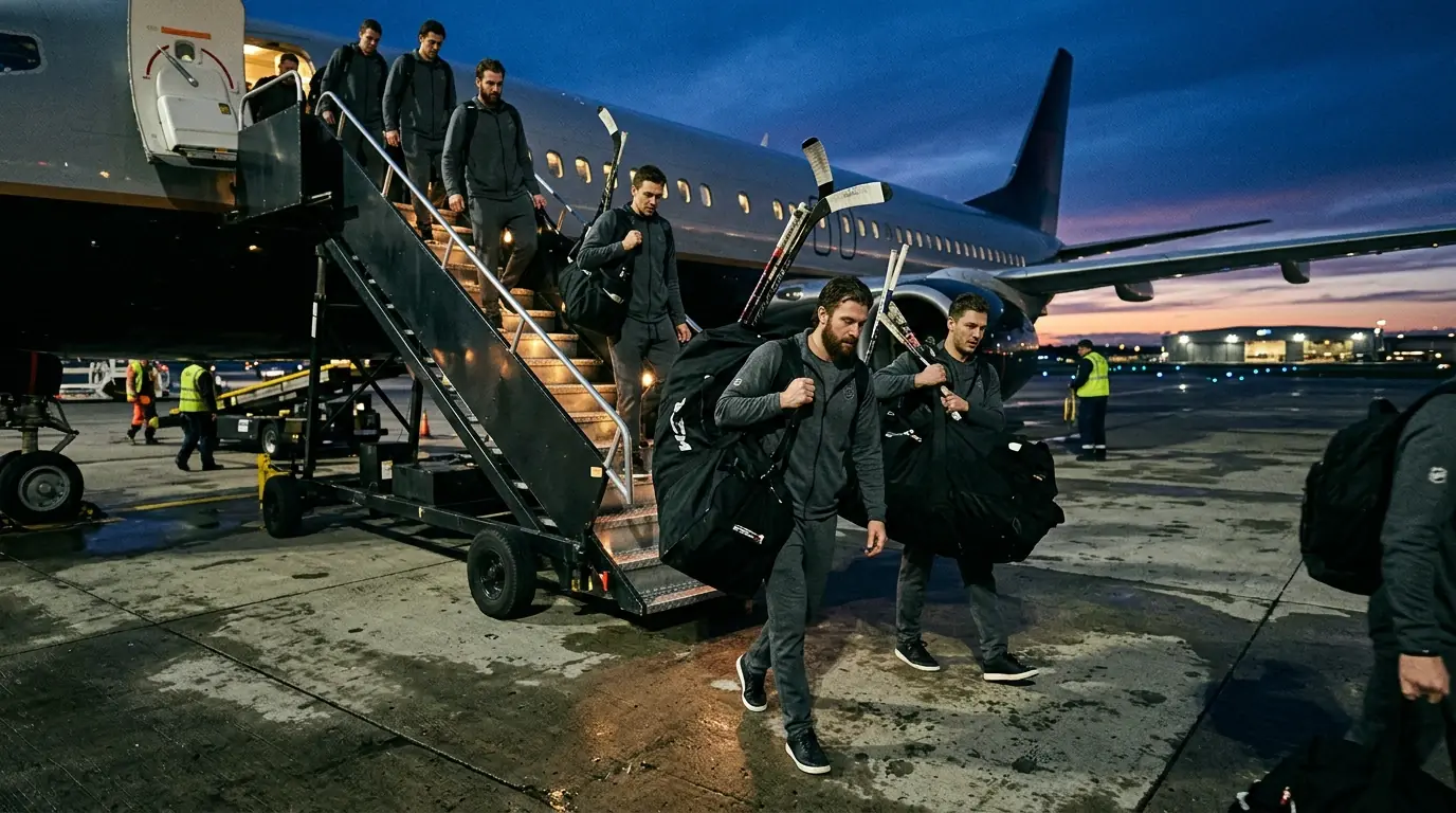 Equipo NHL con bolsas de hockey bajando de un avión comercial tras un viaje largo