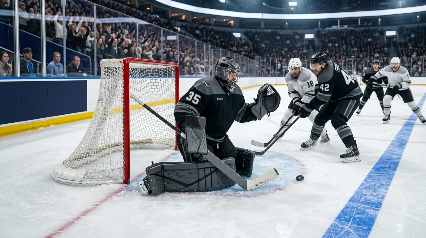 Equipo visitante NHL defendiendo con su portero en los últimos minutos del partido