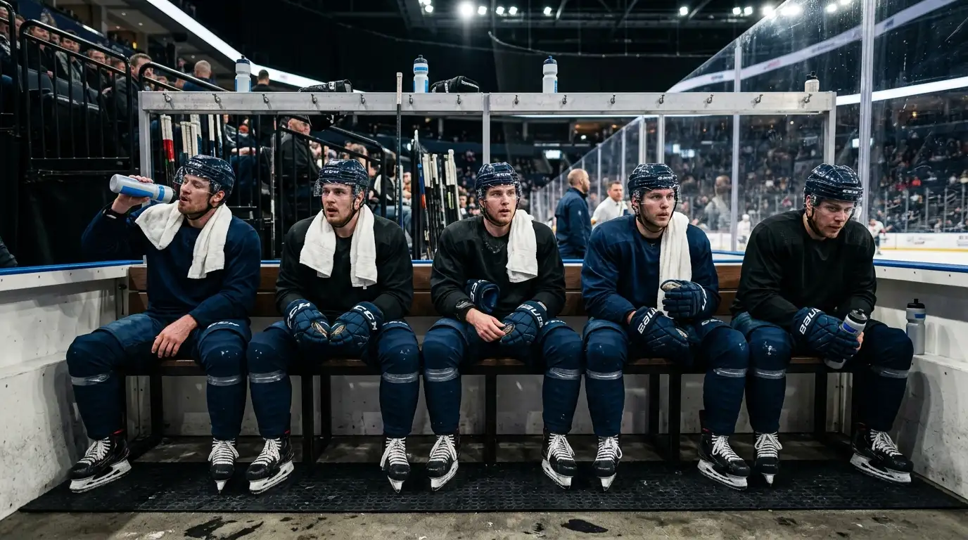 Jugadores NHL sentados en el banquillo recuperando aliento entre turnos durante un partido