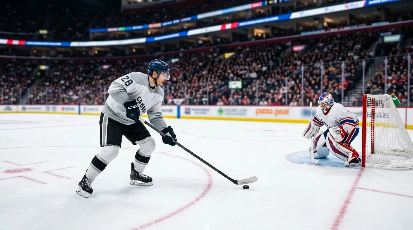 Jugador NHL ejecutando un lanzamiento de shootout frente al portero en solitario