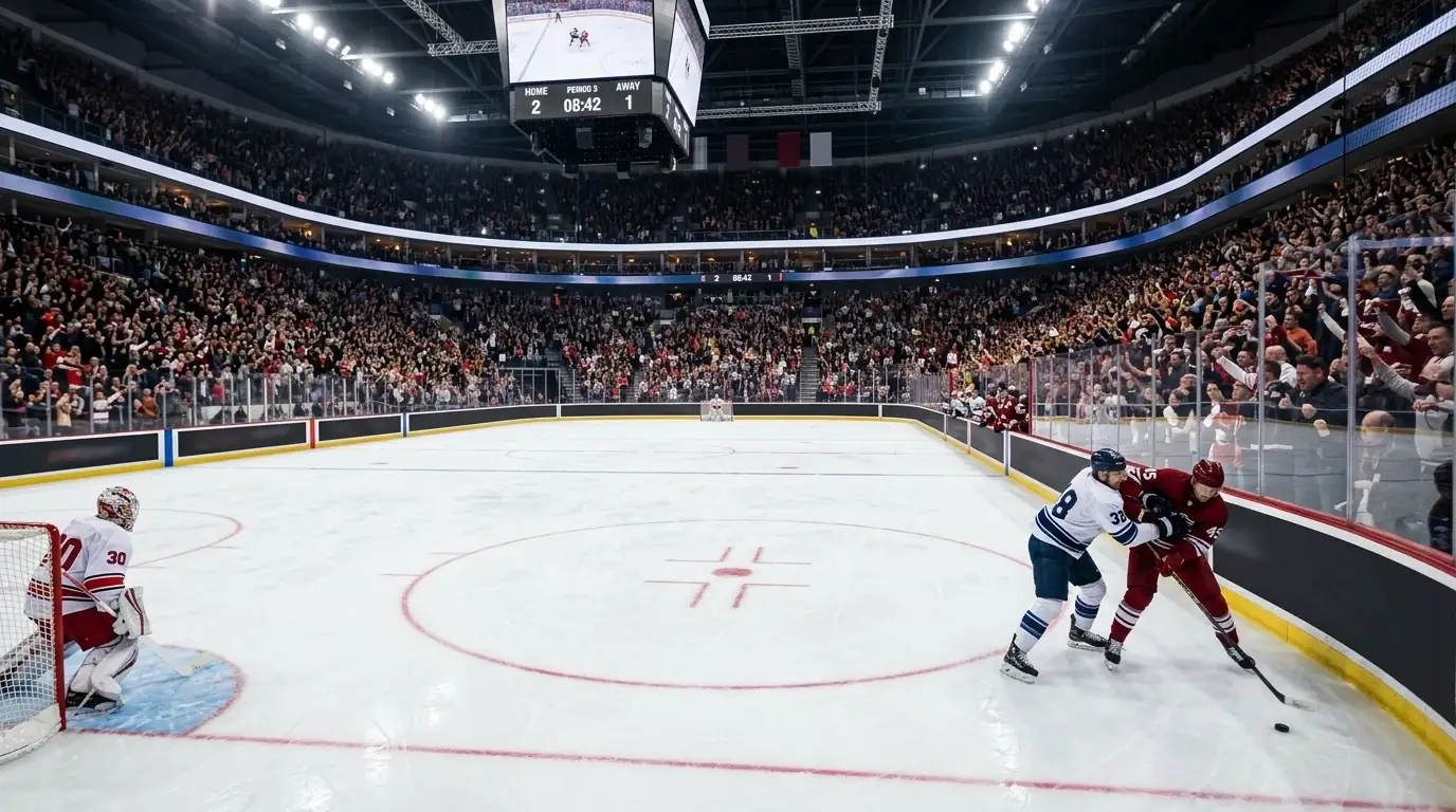 Partido de playoff NHL con público llenando el estadio y ambiente de eliminatoria