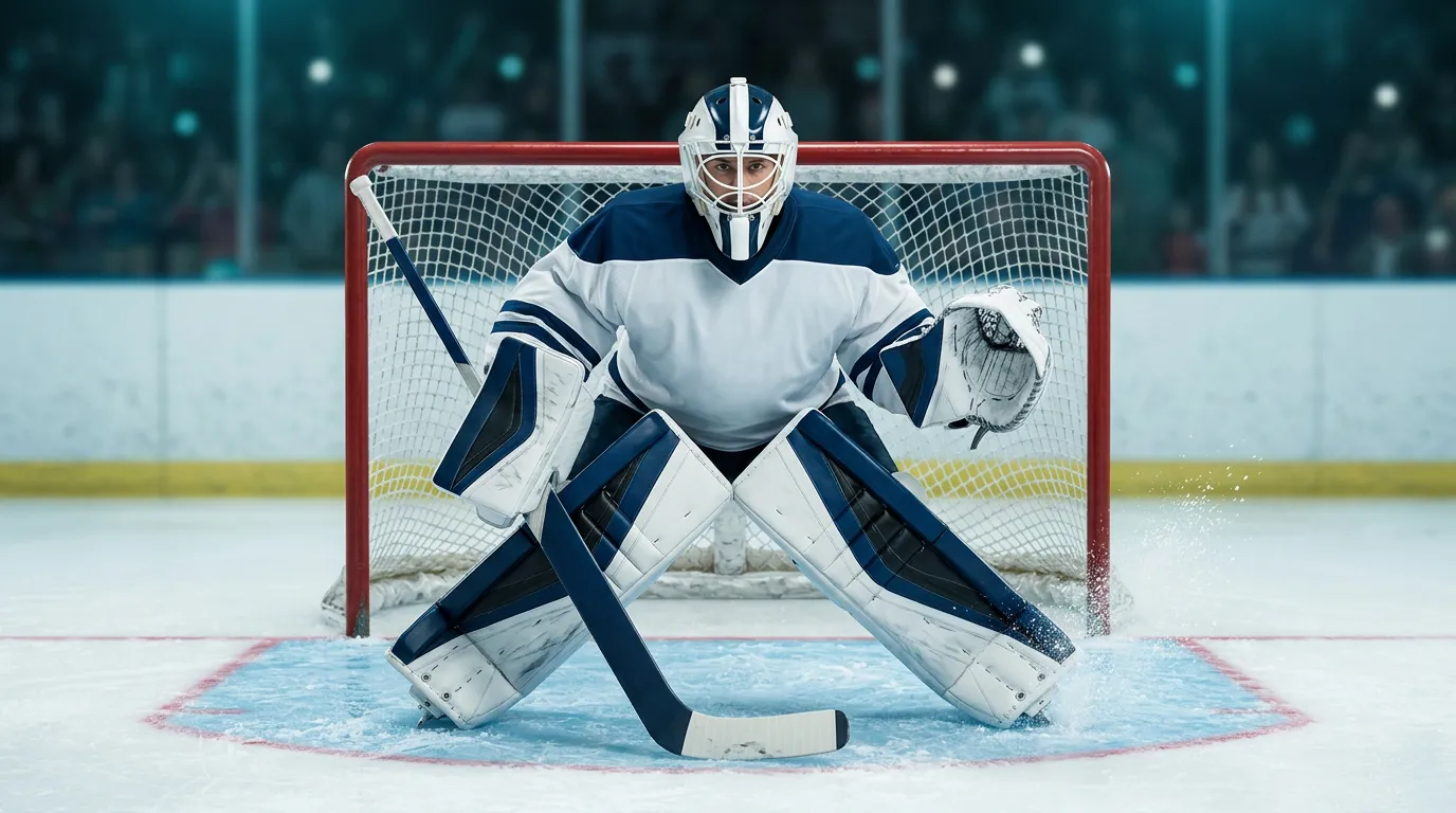 Portero de hockey NHL en posición defensiva frente a la portería