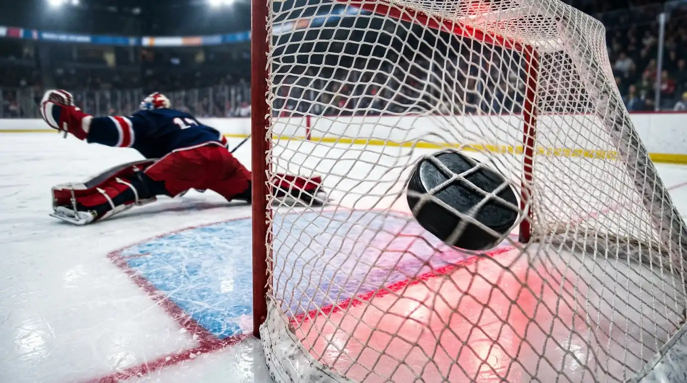 Puck entrando en la portería NHL con la red ondulada por el impacto del disco