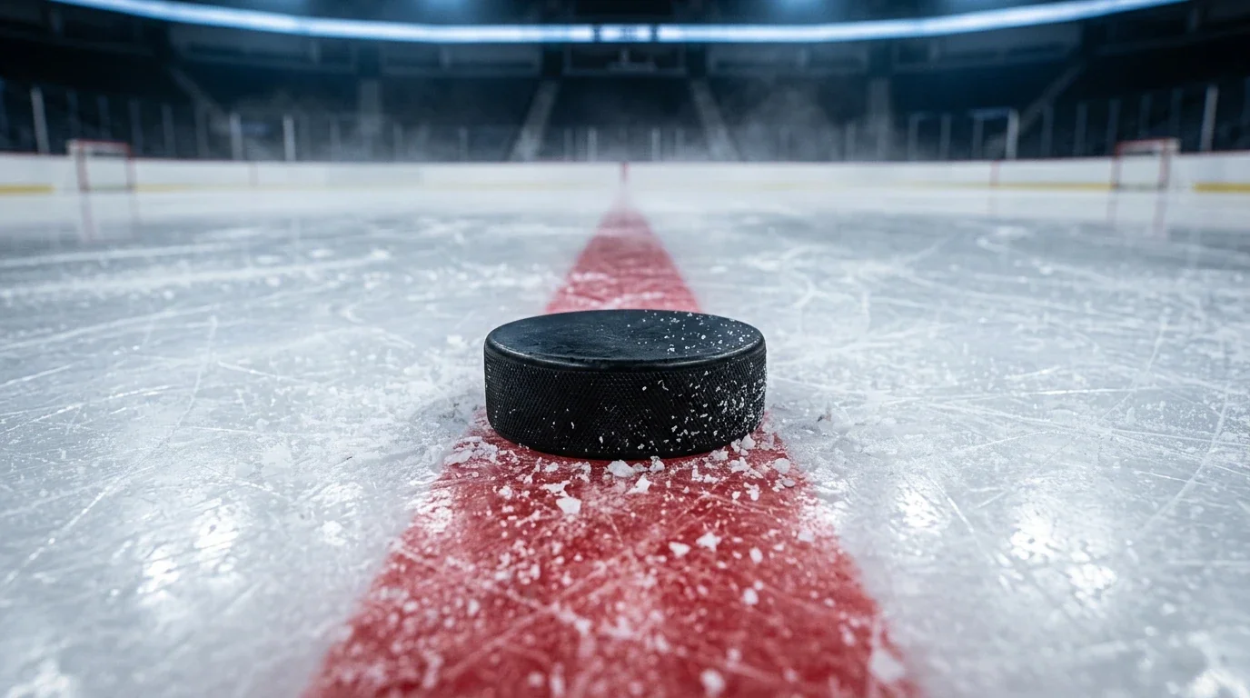 Puck de hockey sobre hielo sobre la línea central de la pista NHL